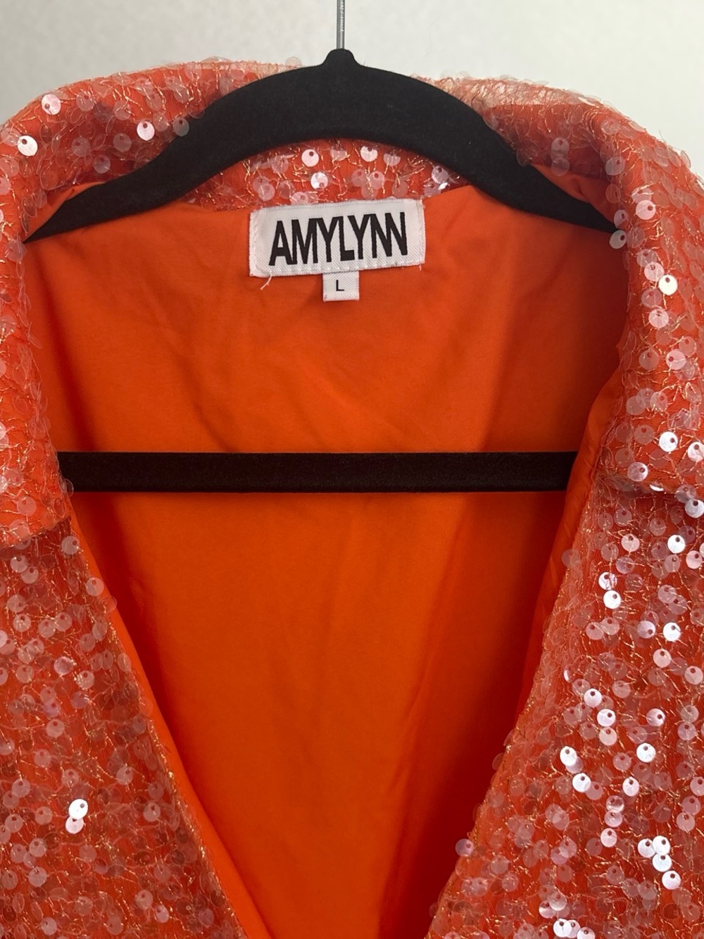 AMYLYN Orange Sequin Wrap Jacket with Feather Cuffs - Picture 2 of 6